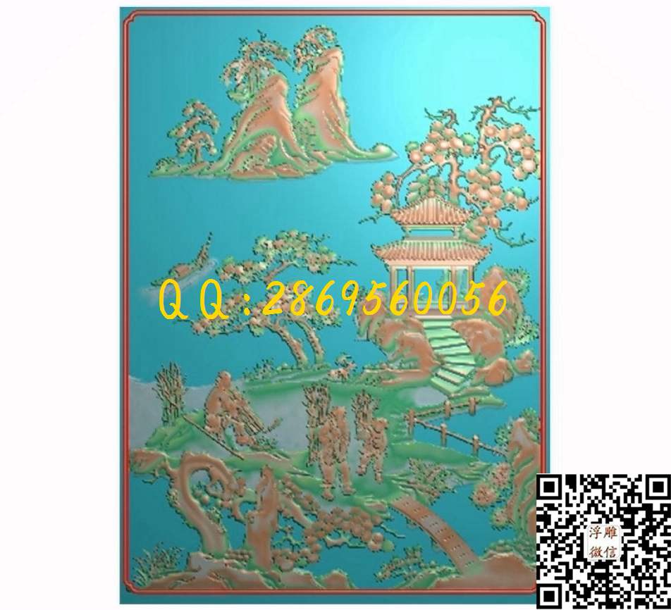书柜金典山水人物2  363-500-3_山水风景围板屏风精雕图浮雕图